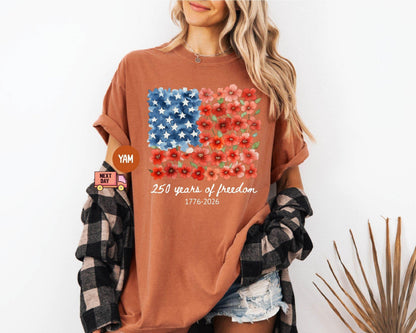 Comfort Colors® Patriotic Floral USA Shirt, America 250th Anniversary Tee, 1776-2026 4th of July Matching Family Outfit Shirt