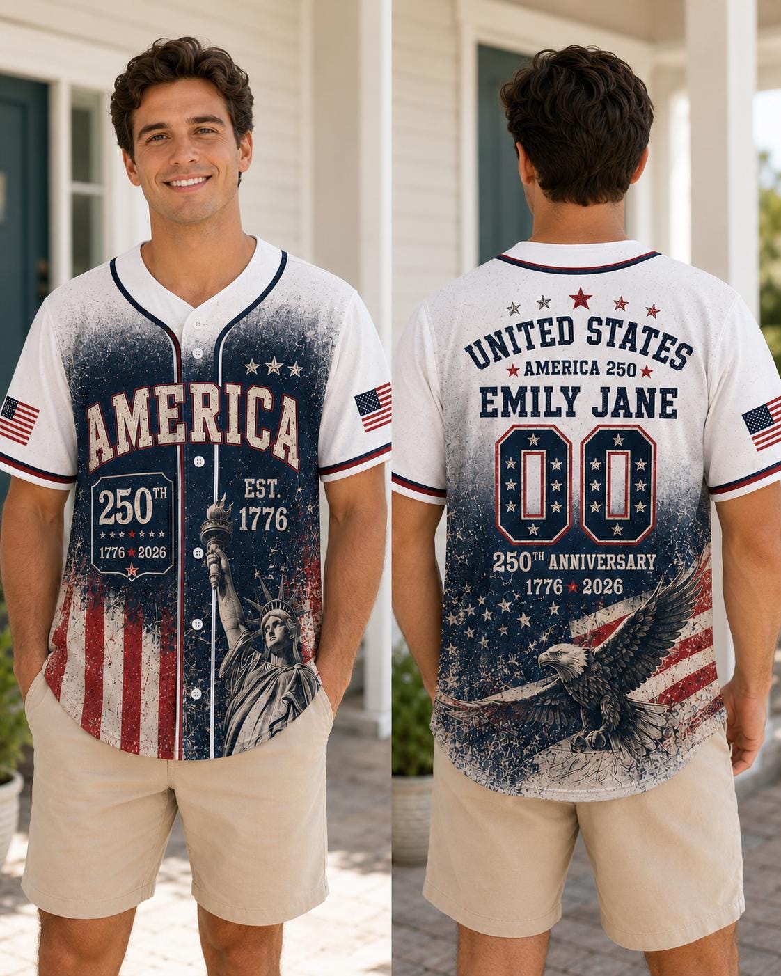 Personalized America 250 Baseball Jersey, Custom Name Number Vintage Jersey, 250th Anniversary 1776-2026, 4th of July Gift, Patriotic Tee