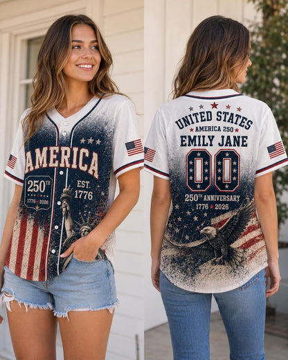Personalized America 250 Baseball Jersey, Custom Name Number Vintage Jersey, 250th Anniversary 1776-2026, 4th of July Gift, Patriotic Tee