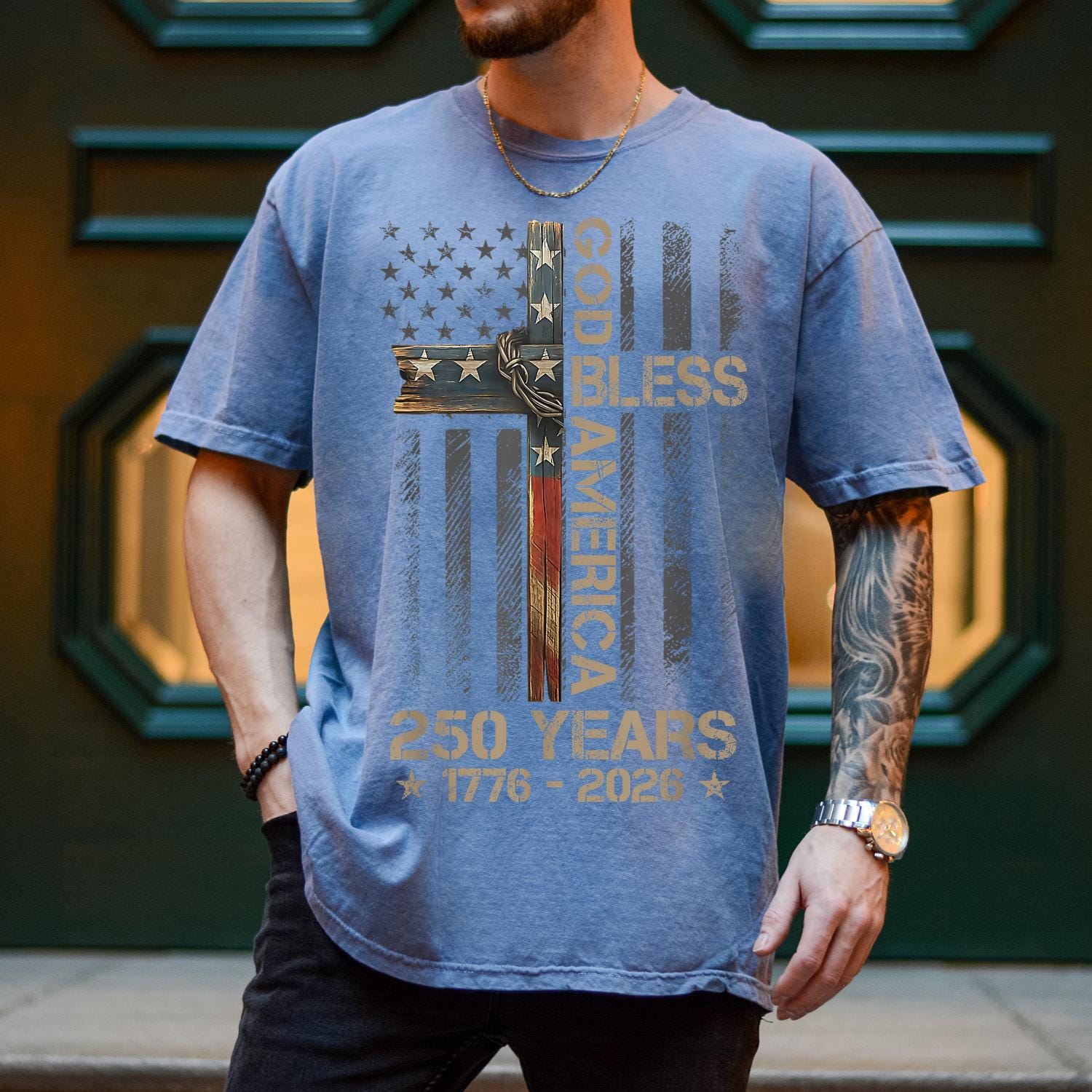 God Bless America Shirt, Comfort Colors Patriotic Cross Tee, 250 Years 1776 2026 Christian USA Flag T-Shirt, Fourth of July