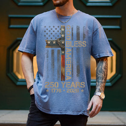 God Bless America Shirt, Comfort Colors Patriotic Cross Tee, 250 Years 1776 2026 Christian USA Flag T-Shirt, Fourth of July