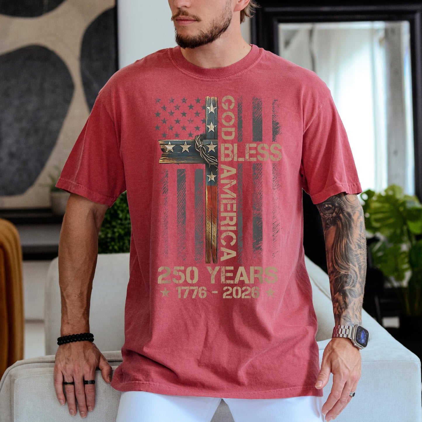 God Bless America Shirt, Comfort Colors Patriotic Cross Tee, 250 Years 1776 2026 Christian USA Flag T-Shirt, Fourth of July