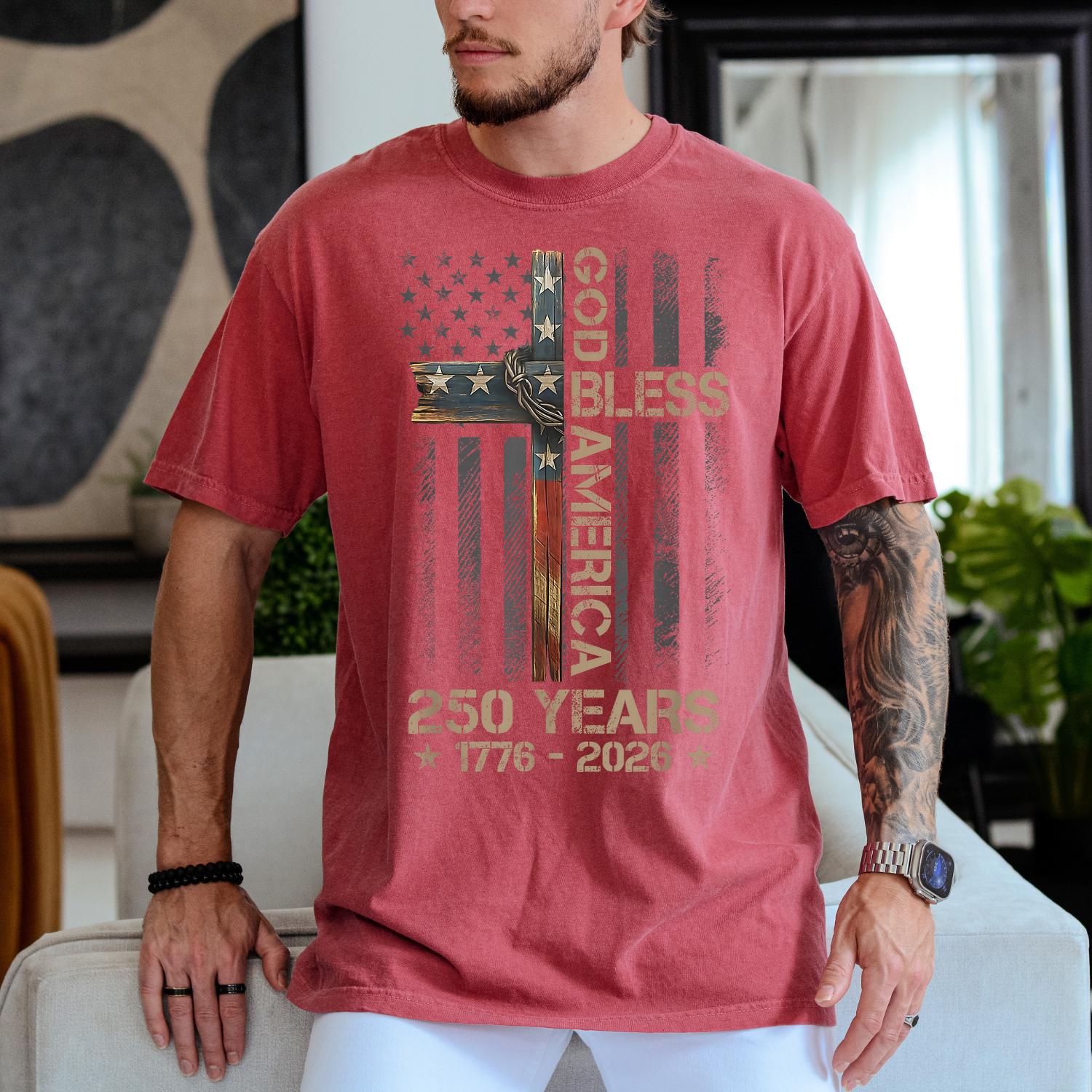 God Bless America Shirt, Comfort Colors Patriotic Cross Tee, 250 Years 1776 2026 Christian USA Flag T-Shirt, Fourth of July