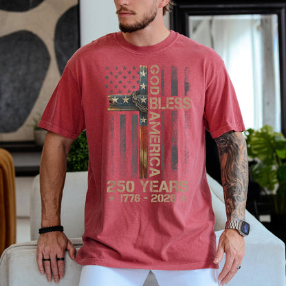 God Bless America Shirt, Comfort Colors Patriotic Cross Tee, 250 Years 1776 2026 Christian USA Flag T-Shirt, Fourth of July