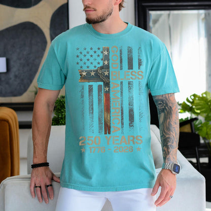 God Bless America Shirt, Comfort Colors Patriotic Cross Tee, 250 Years 1776 2026 Christian USA Flag T-Shirt, Fourth of July