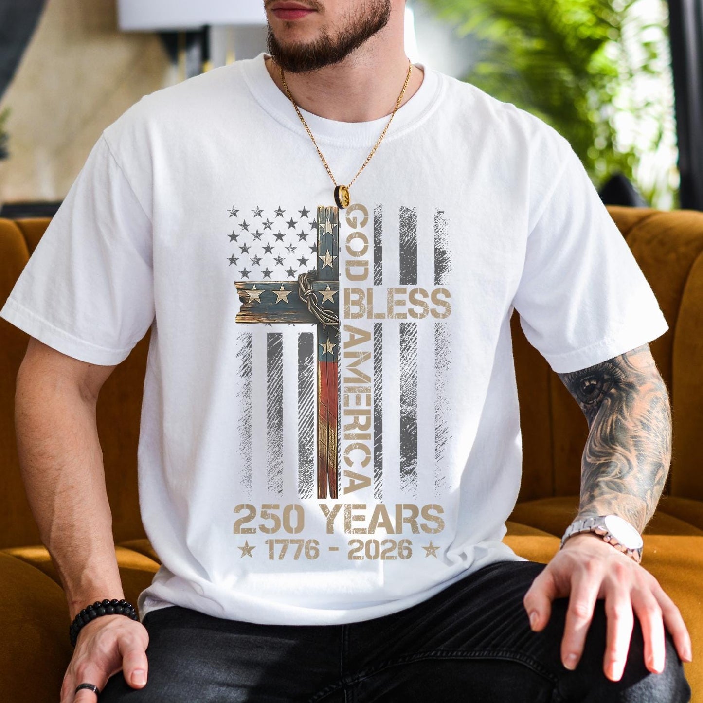 God Bless America Shirt, Comfort Colors Patriotic Cross Tee, 250 Years 1776 2026 Christian USA Flag T-Shirt, Fourth of July
