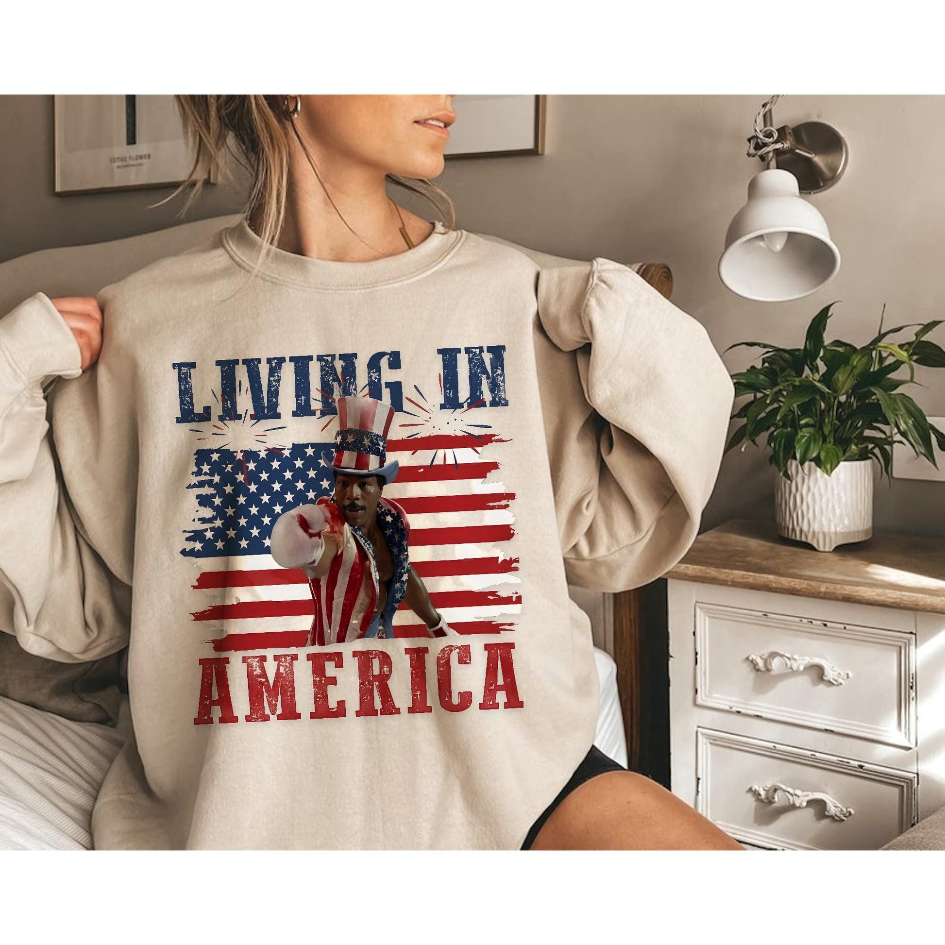 Apollo Creed Living In America T-Shirt, Patriotic Boxing Fourth Of July Vintage America Sweatshirt, Retro USA Fighter Hoodie