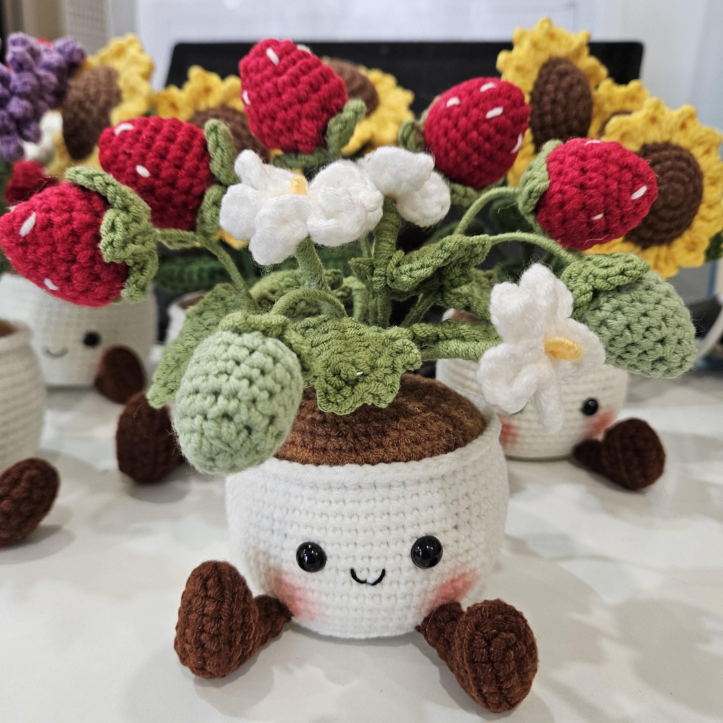 Crochet Flower Pot Set with Mushroom Sunflower Lavender Strawberry Rose Tulip Designs