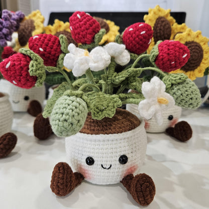 Crochet Flower Pot Set with Mushroom Sunflower Lavender Strawberry Rose Tulip Designs