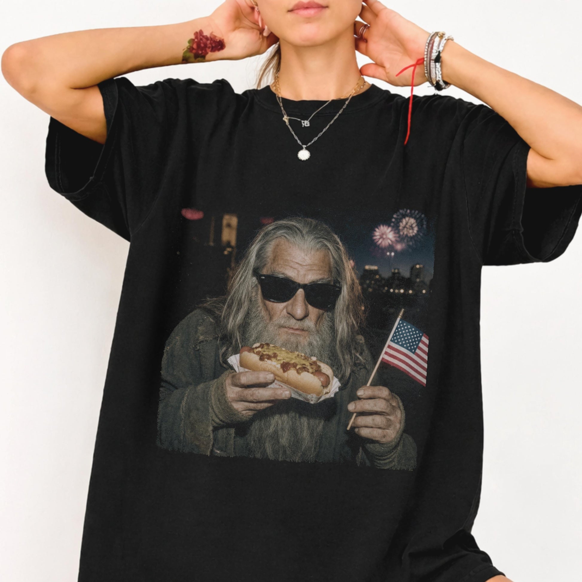 4th of July Gandalf Wizard Hotdog Shirt, LOTR Inspired Comfort Colors T-Shirts, Funny LOTR Wizard Meme Graphic Tee, Patriotic Gift