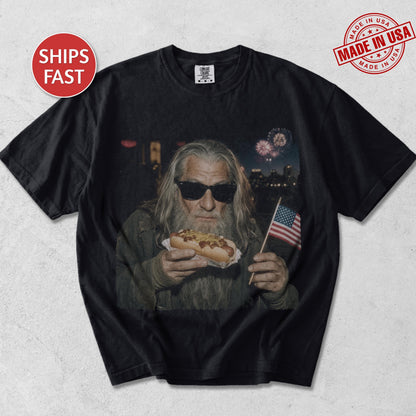 4th of July Gandalf Wizard Hotdog Shirt, LOTR Inspired Comfort Colors T-Shirts, Funny LOTR Wizard Meme Graphic Tee, Patriotic Gift