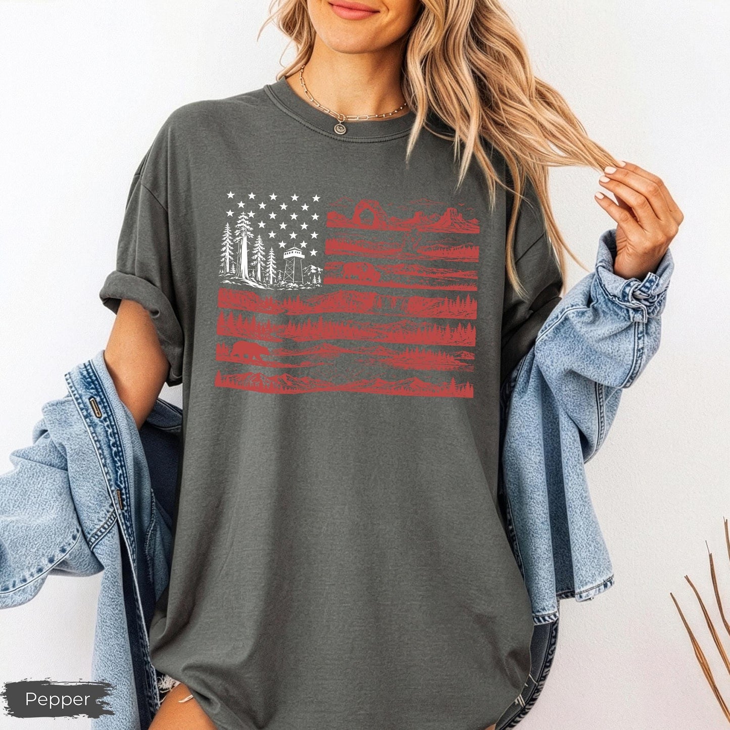 Comfort Colors National Parks American Flag Shirt, Coastal Patriotic Shirt, Beachy Nautical American Flag, USA Gift