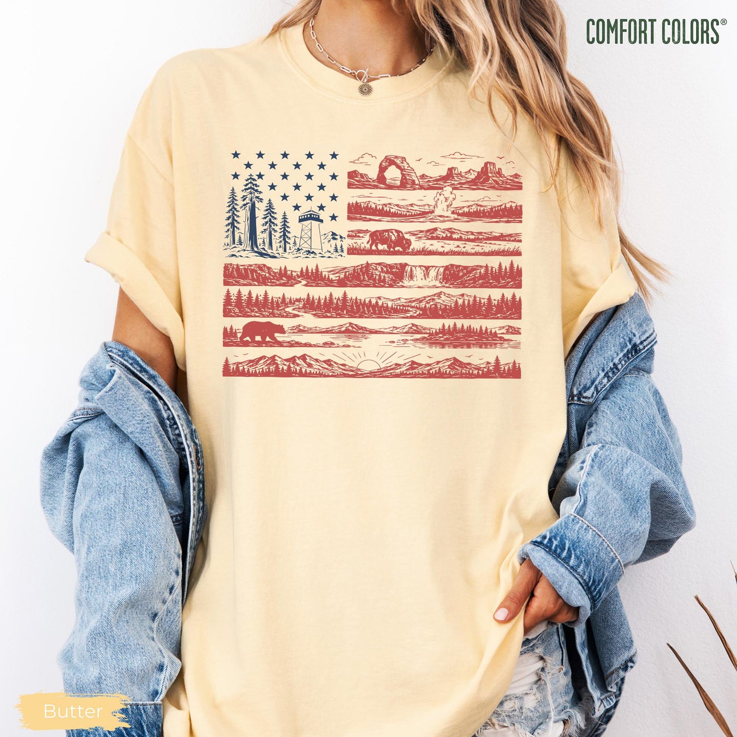 Comfort Colors National Parks American Flag Shirt, Coastal Patriotic Shirt, Beachy Nautical American Flag, USA Gift