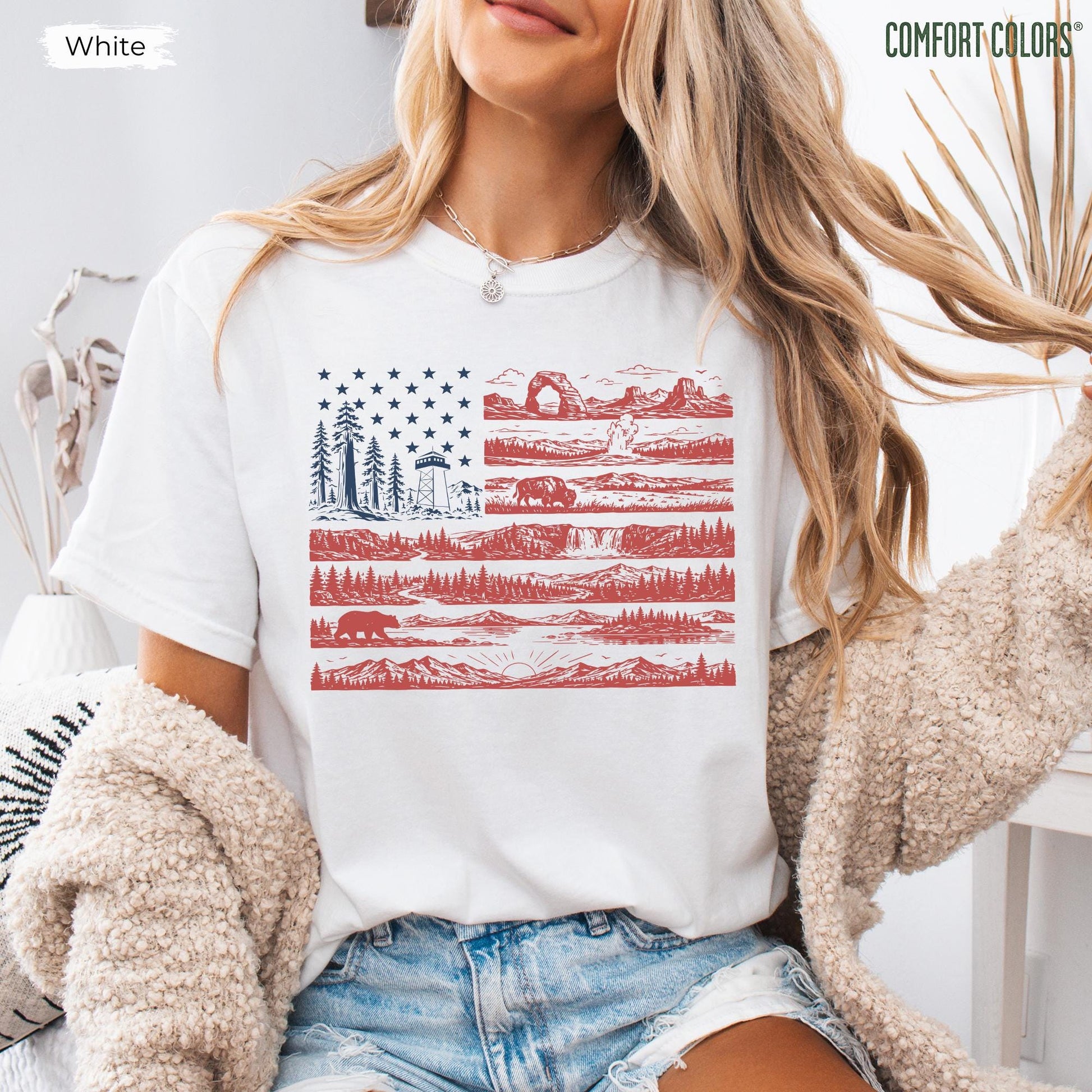 Comfort Colors National Parks American Flag Shirt, Coastal Patriotic Shirt, Beachy Nautical American Flag, USA Gift