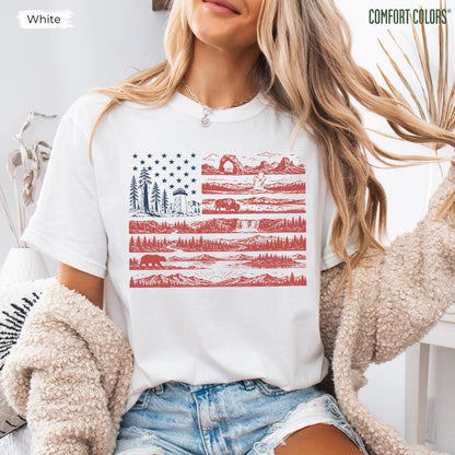 Comfort Colors National Parks American Flag Shirt, Coastal Patriotic Shirt, Beachy Nautical American Flag, USA Gift