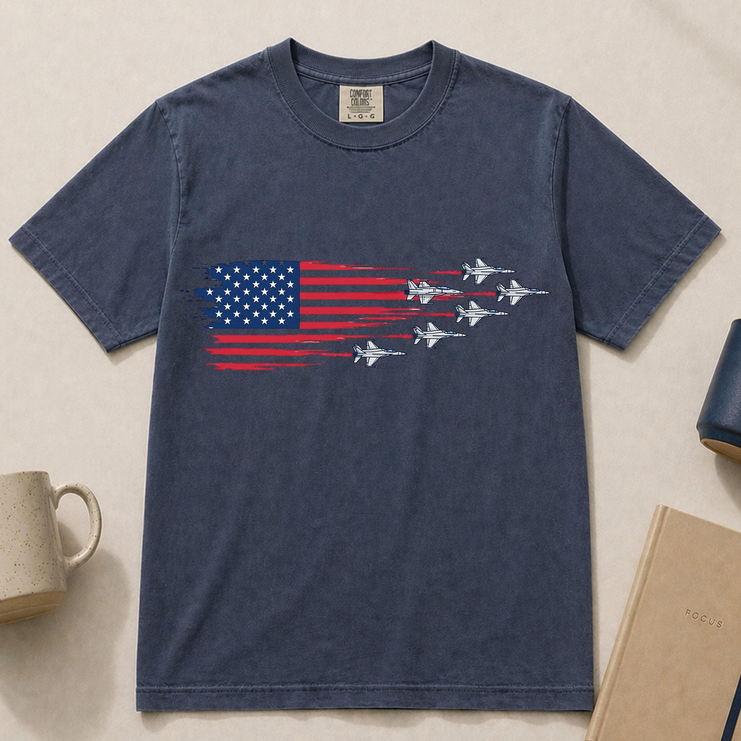 Comfort Colors® USA American Flag T-Shirt, Jet Shirt 4th Of July Airplanes Tee, Military Veteran Gift, USA Aviation Pilot Shirt Gift,