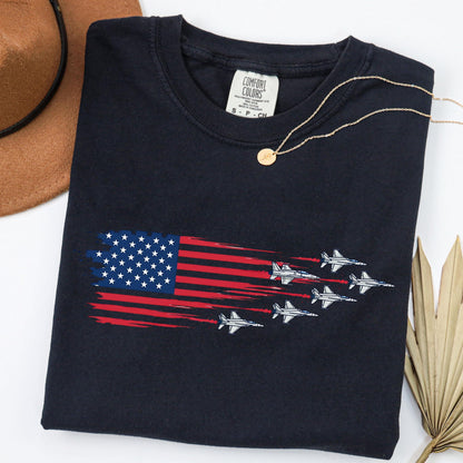 Comfort Colors® USA American Flag T-Shirt, Jet Shirt 4th Of July Airplanes Tee, Military Veteran Gift, USA Aviation Pilot Shirt Gift,
