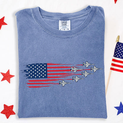Comfort Colors® USA American Flag T-Shirt, Jet Shirt 4th Of July Airplanes Tee, Military Veteran Gift, USA Aviation Pilot Shirt Gift,