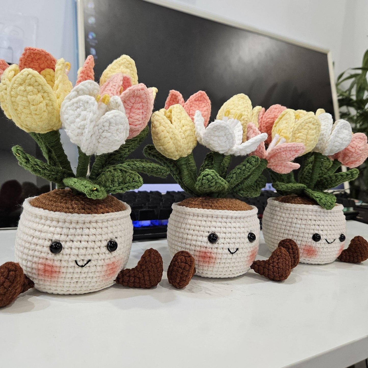 Crochet Flower Pot Set with Mushroom Sunflower Lavender Strawberry Rose Tulip Designs