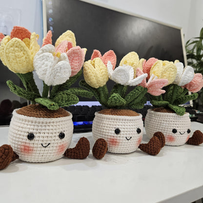 Crochet Flower Pot Set with Mushroom Sunflower Lavender Strawberry Rose Tulip Designs