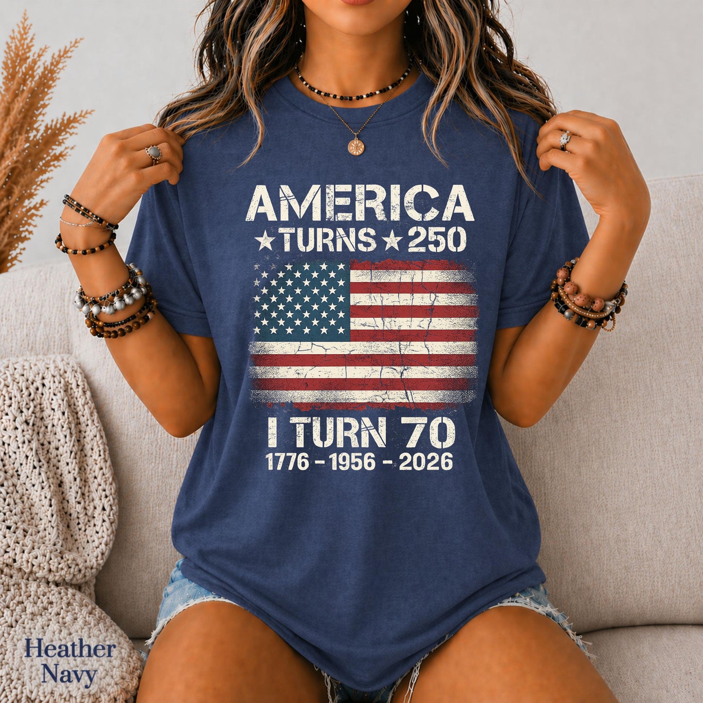 Custom America Turns 250 I Turn 70 T-Shirt, Birthday Patriotic USA 1776-2026 Tee, 70th Milestone Birthday Gift for Men Women