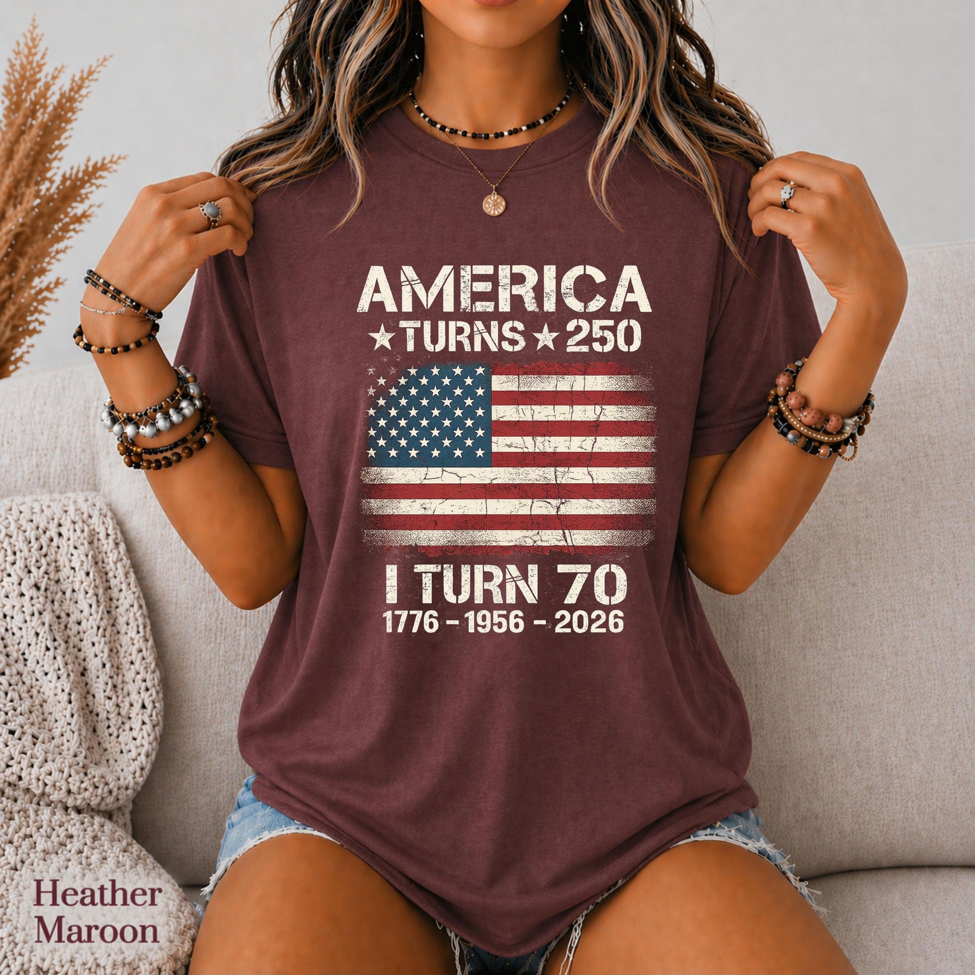 Custom America Turns 250 I Turn 70 T-Shirt, Birthday Patriotic USA 1776-2026 Tee, 70th Milestone Birthday Gift for Men Women