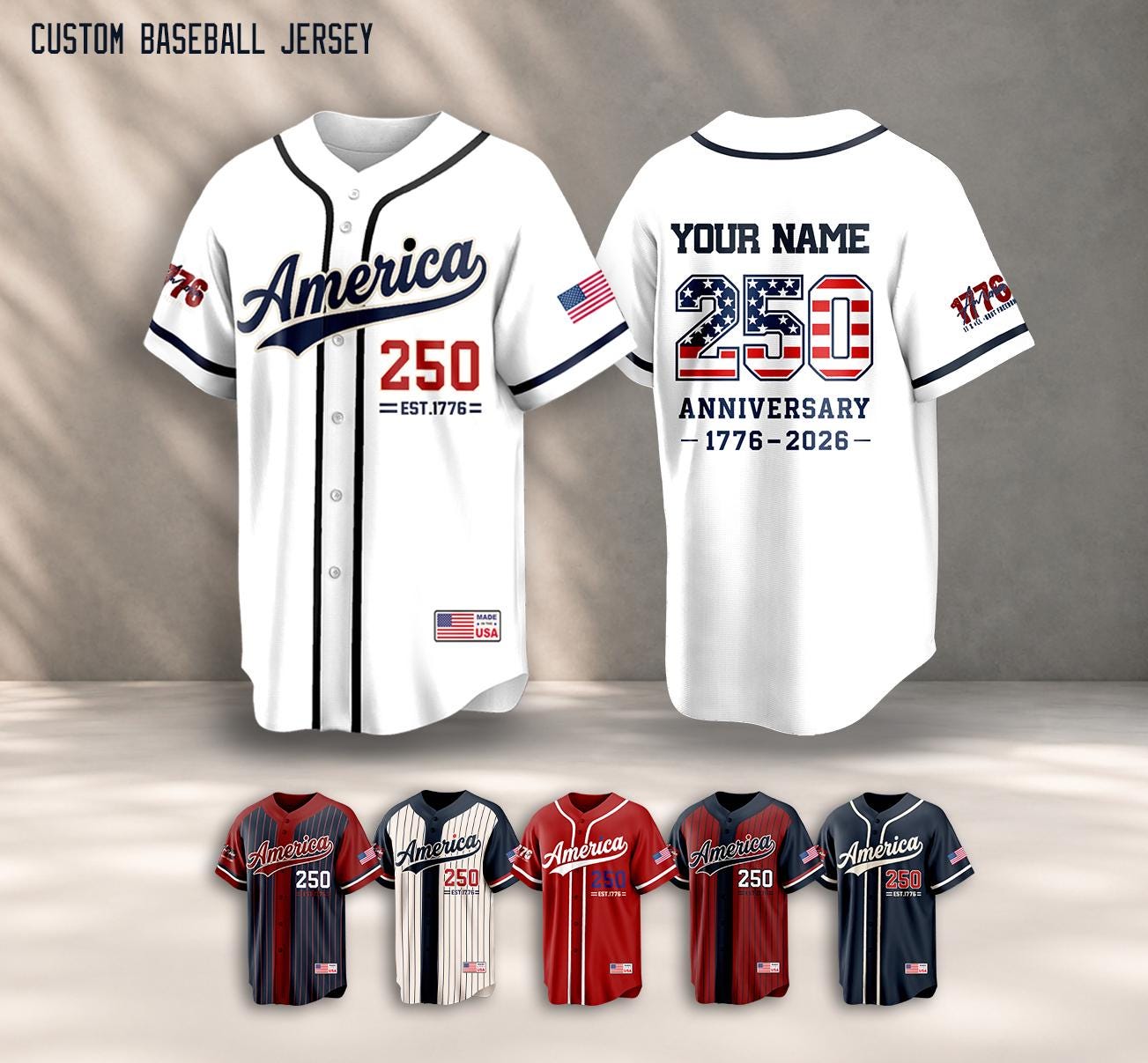 Personalized America 250 Jersey, 4th of July Baseball Shirt, USA Patriotic Jersey, Custom Name Number Independence Day Outfit