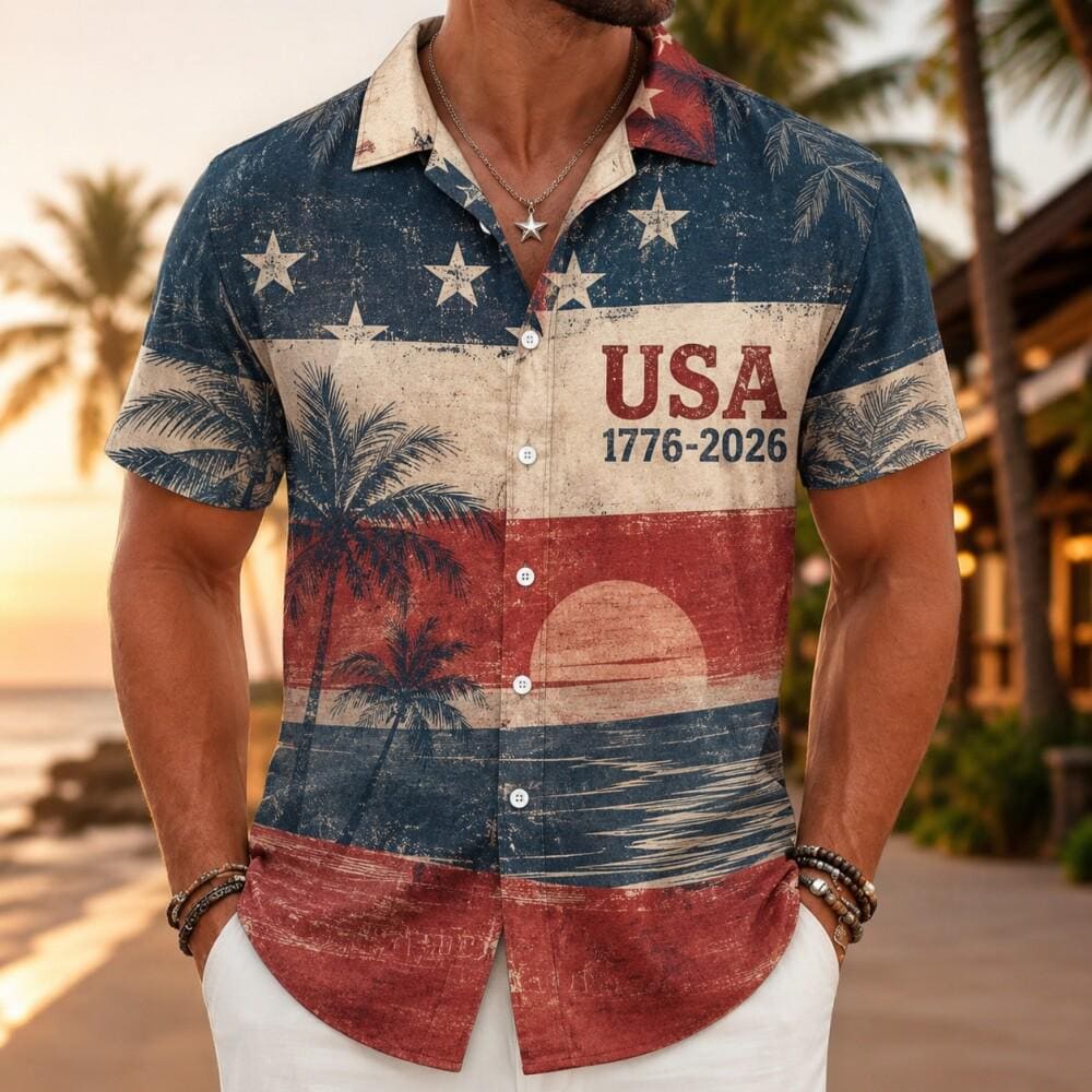 Men's Hawaiian Shirt America's Freedom 250th Anniversary, 1776-2026 Patriotic Short Sleeve Vintage Shirt, United States 250 Years Button Tee