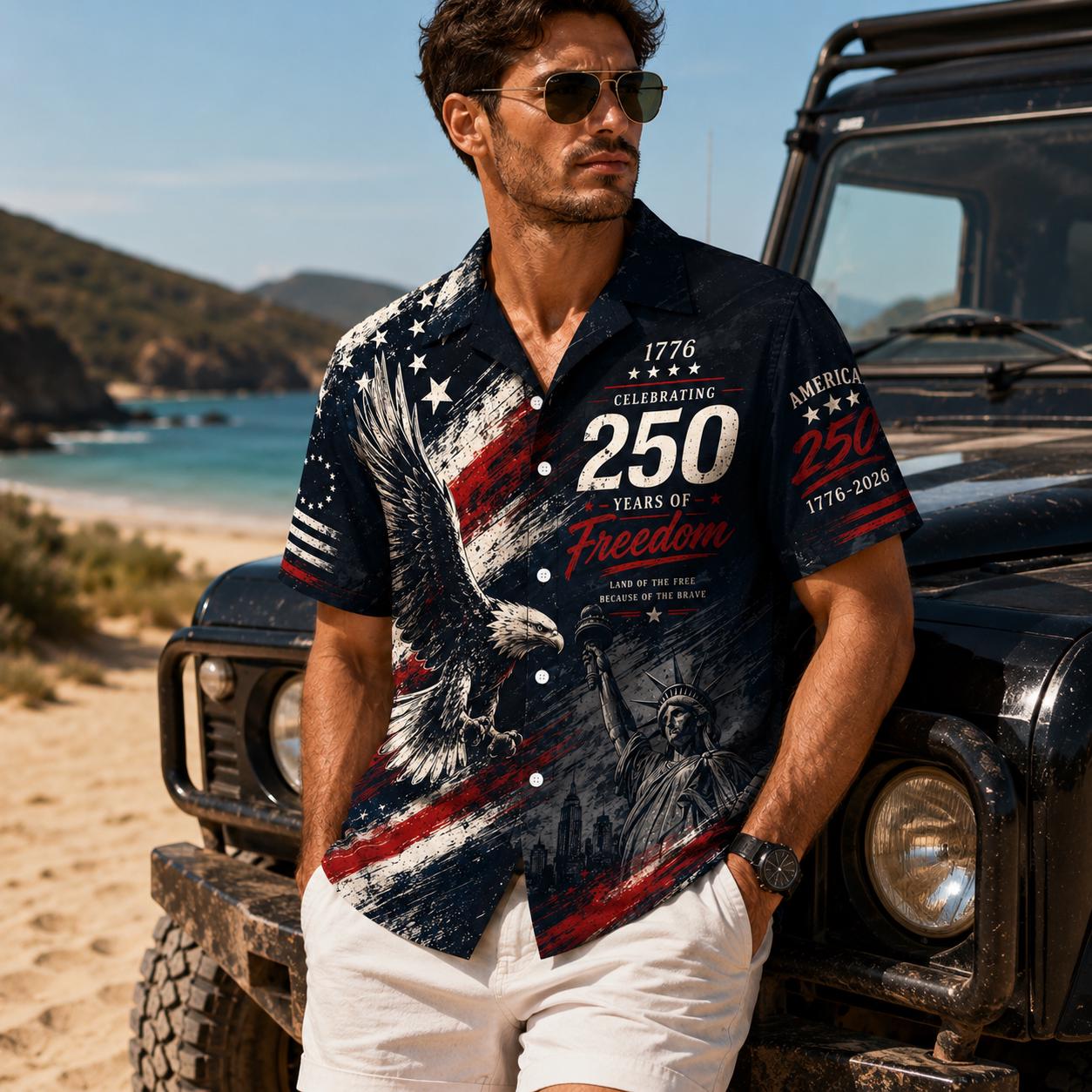 USA 250th Anniversary Mens Hawaiian Shirt, Retro American Flag Button Down, Patriotic 1776-2026 Independence Day Apparel