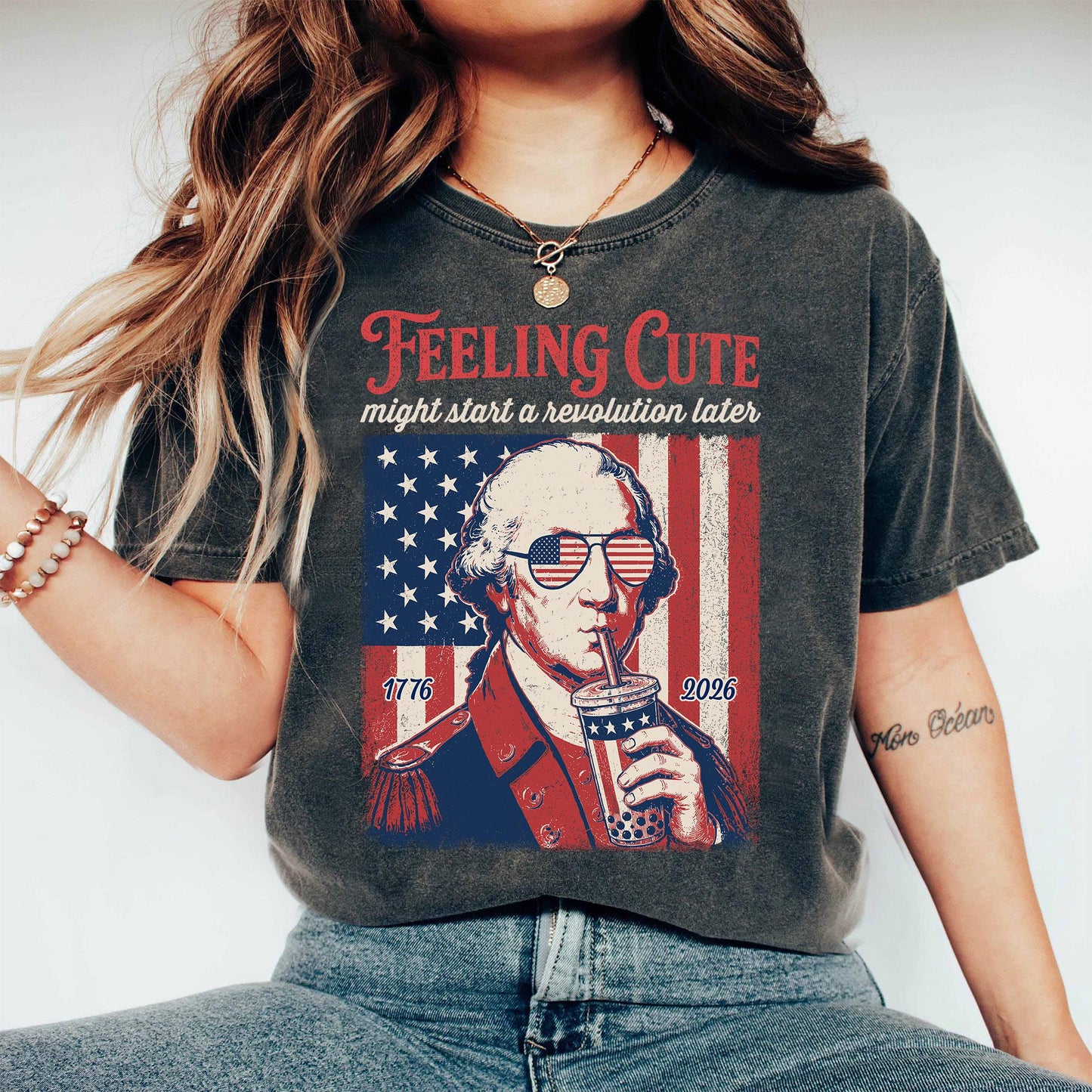 Funny 4th of July Shirt, George Washington Boba Tea Tee, 1776 2026 Feeling Cute Meme, 250th Anniversary Patriotic Gift, US History Lover