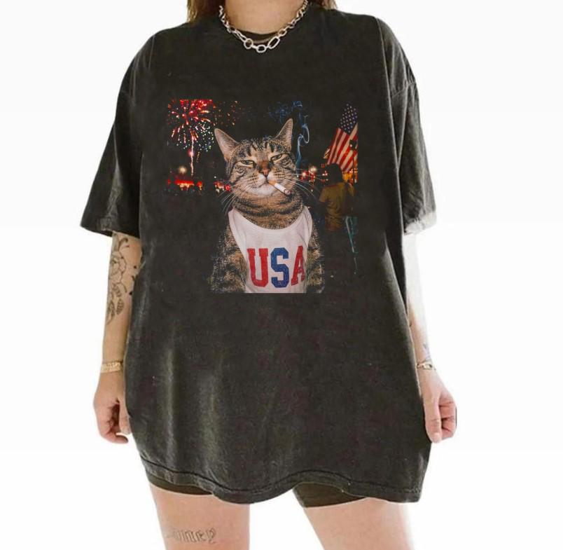 Smoking Cat T-shirt, Fourth of July Shirt, Independence Day, America 250 T-shirt, Animal Lover Tee