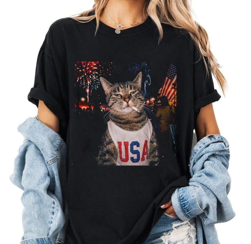 Smoking Cat T-shirt, Fourth of July Shirt, Independence Day, America 250 T-shirt, Animal Lover Tee
