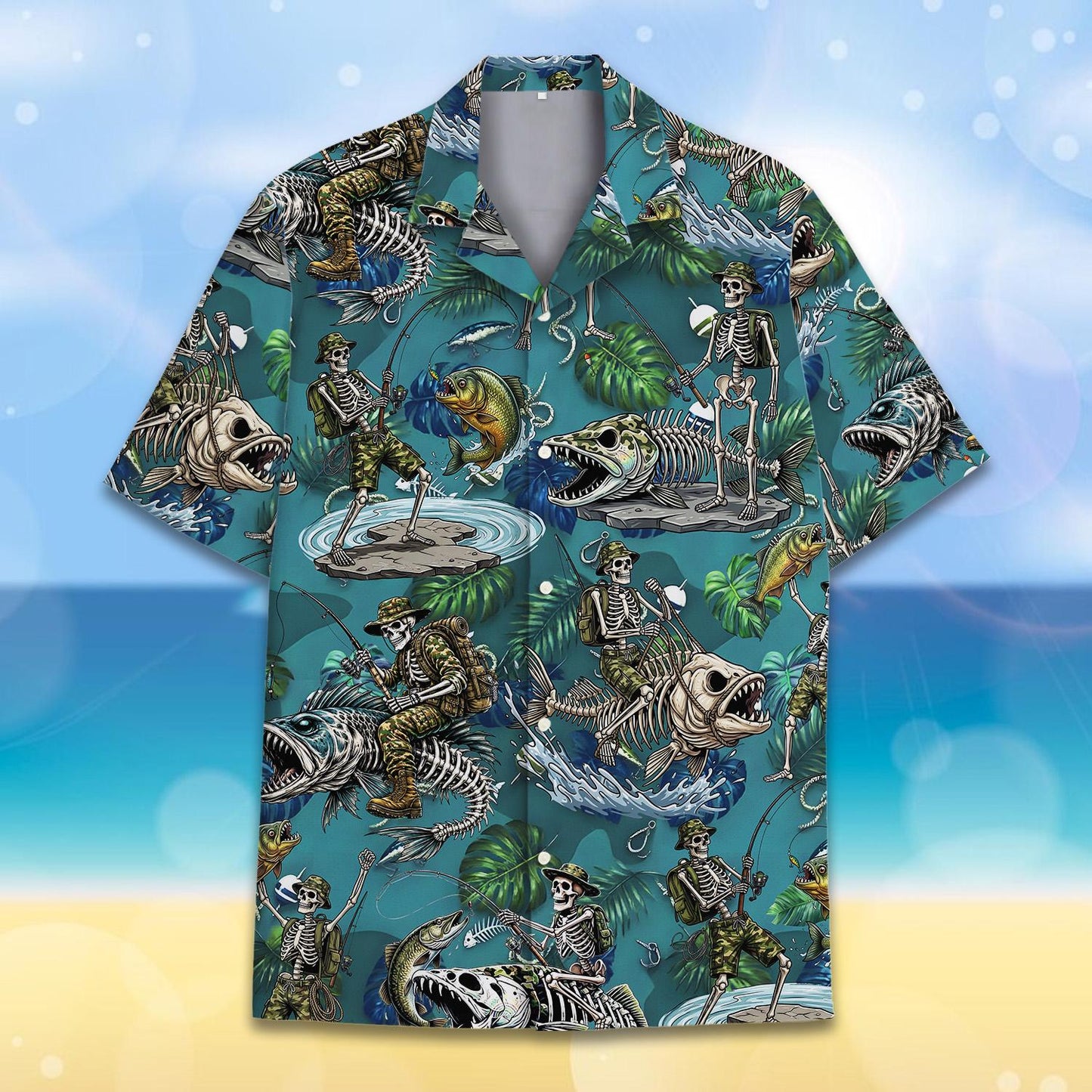 Veteran Skeleton Fishing Hawaiian Shirt for Men Women Youth, Skeleton Bass Fish Bone Summer Shirt, Tropical Outdoor Fisherman Gift Tee