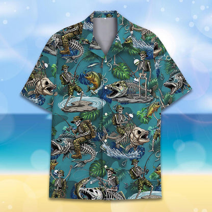 Veteran Skeleton Fishing Hawaiian Shirt for Men Women Youth, Skeleton Bass Fish Bone Summer Shirt, Tropical Outdoor Fisherman Gift Tee