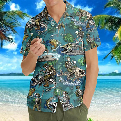 Veteran Skeleton Fishing Hawaiian Shirt for Men Women Youth, Skeleton Bass Fish Bone Summer Shirt, Tropical Outdoor Fisherman Gift Tee
