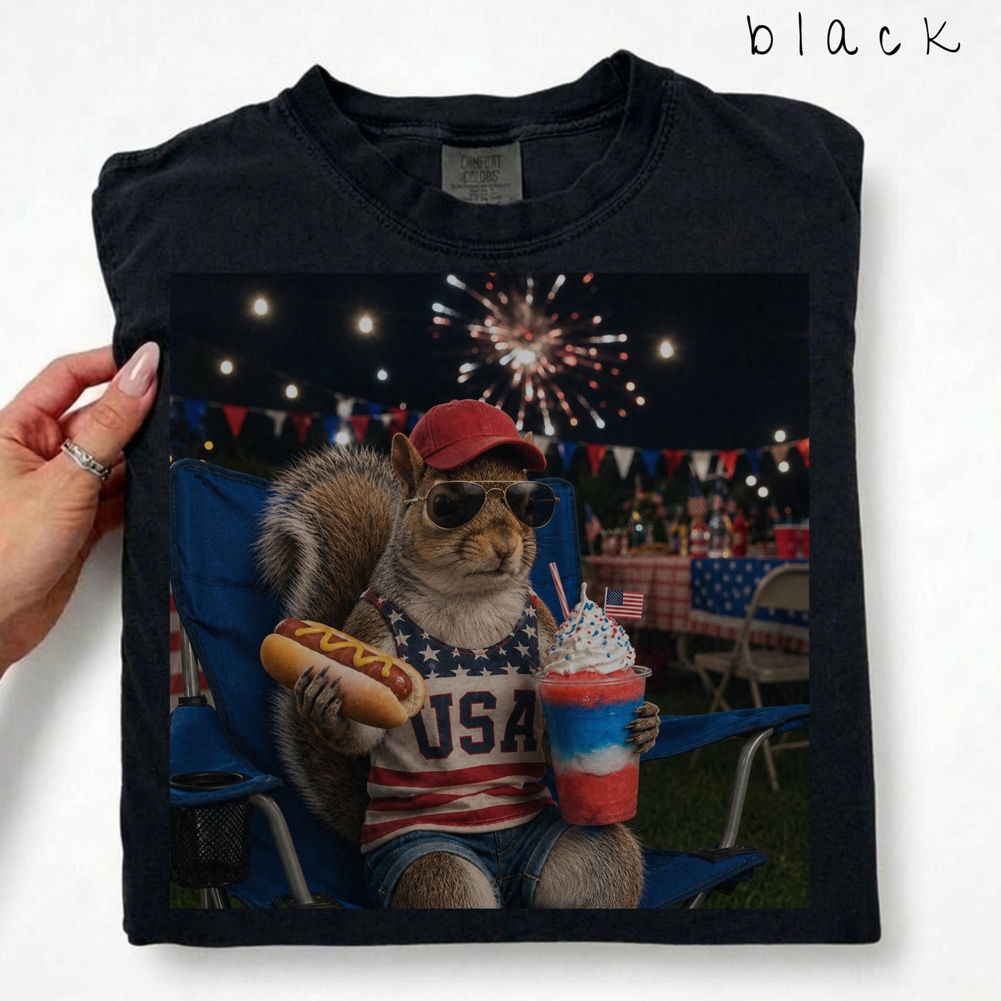 Comfort Colors® Funny Patriotic Hotdog Slushie Squirrel Shirt 4th of July America Shirt Design Funny USA Animal Graphic Top Independence Day