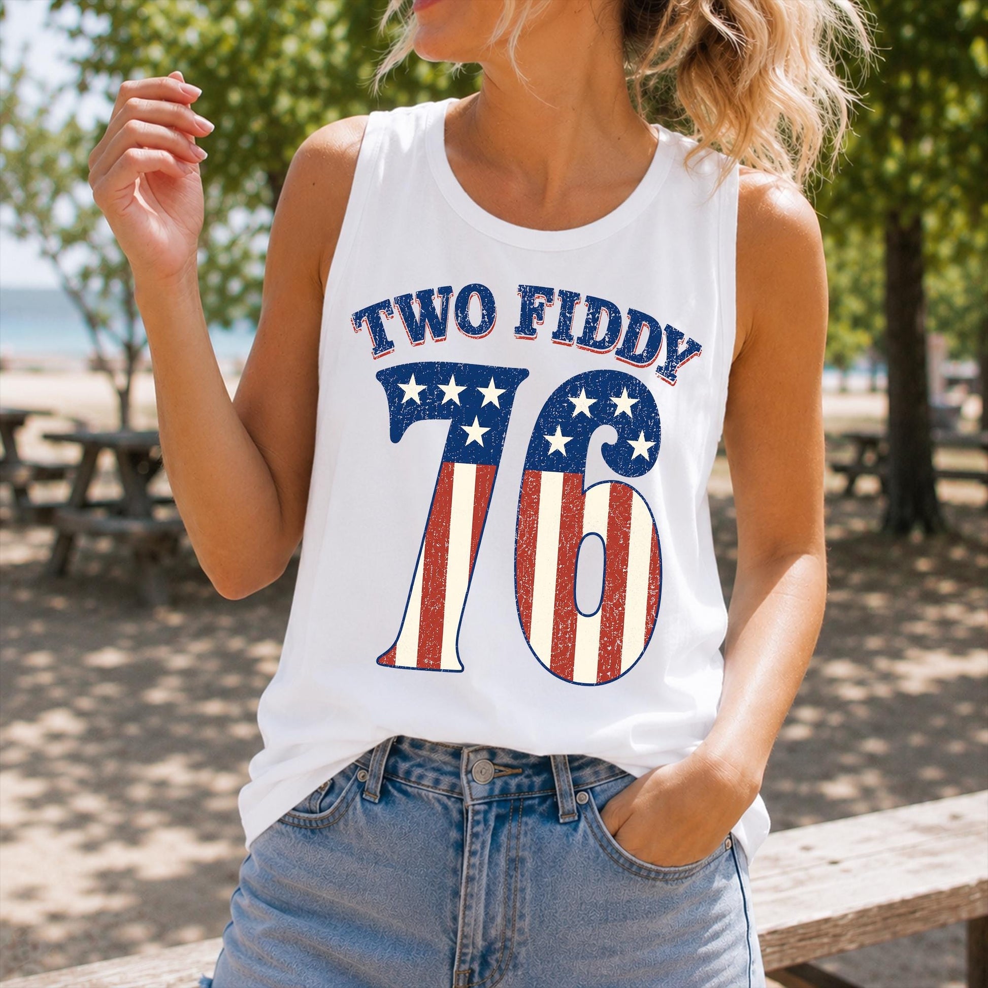 Two Fiddy Shirt, Retro 76 USA Birthday Shirt, Patriotic Summer 1776 Anniversary Tank Top