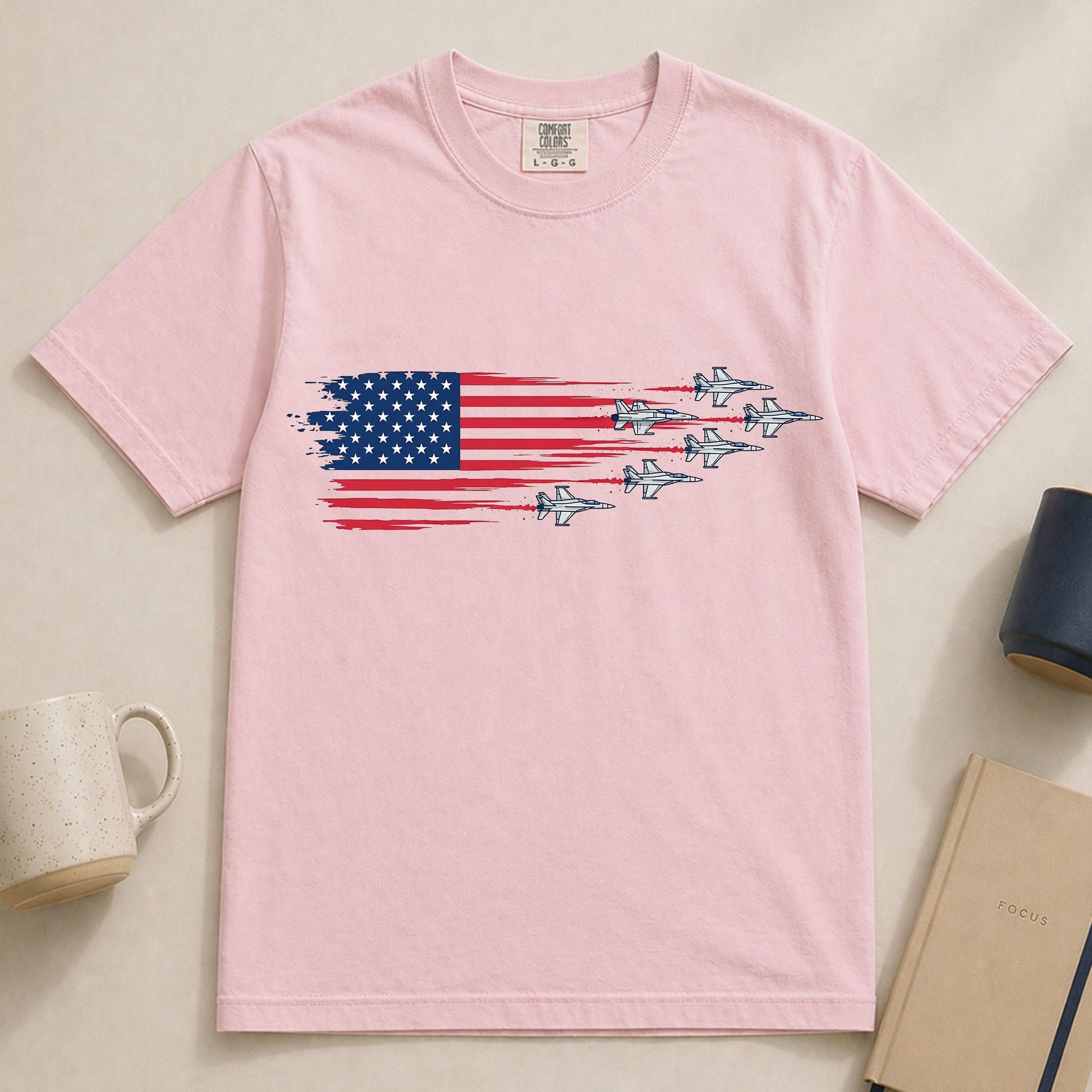 Comfort Colors® USA American Flag T-Shirt, Jet Shirt 4th Of July Airplanes Tee, Military Veteran Gift, USA Aviation Pilot Shirt Gift,