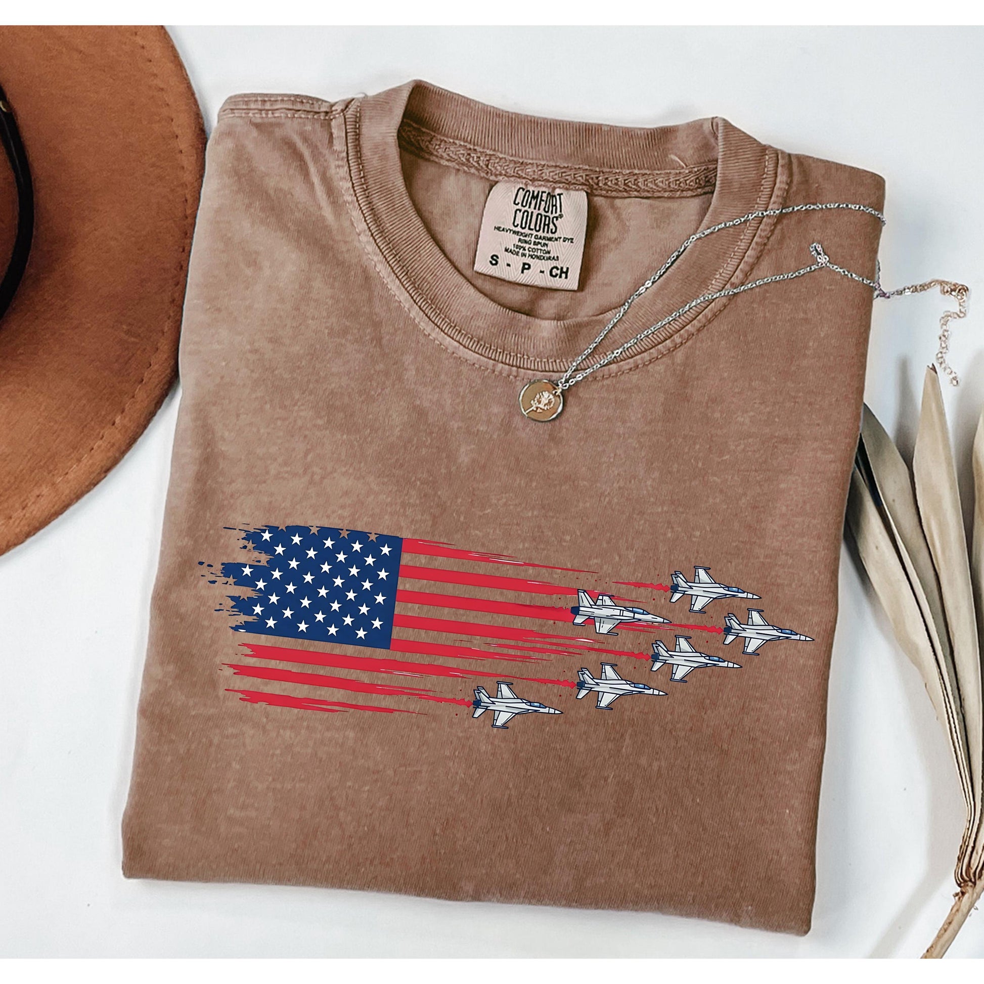 Comfort Colors® USA American Flag T-Shirt, Jet Shirt 4th Of July Airplanes Tee, Military Veteran Gift, USA Aviation Pilot Shirt Gift,