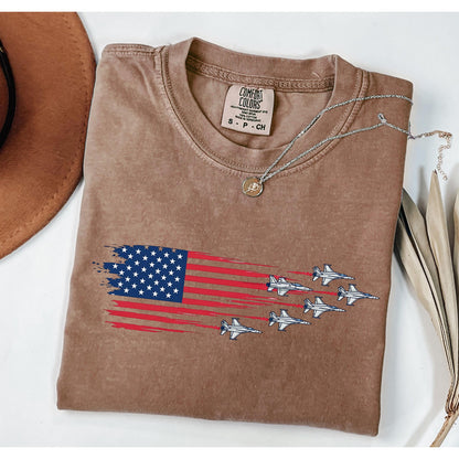 Comfort Colors® USA American Flag T-Shirt, Jet Shirt 4th Of July Airplanes Tee, Military Veteran Gift, USA Aviation Pilot Shirt Gift,