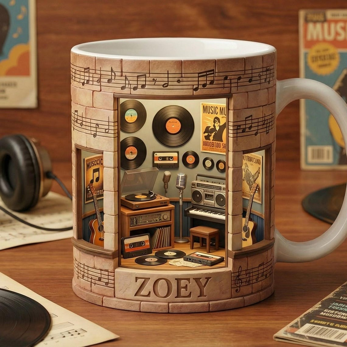 Personalized Music Mug, Custom Name Coffee Cup, Music Lover Gift, Retro Vinyl Mug, Studio Music Mug, Unique Gift for Music Lover