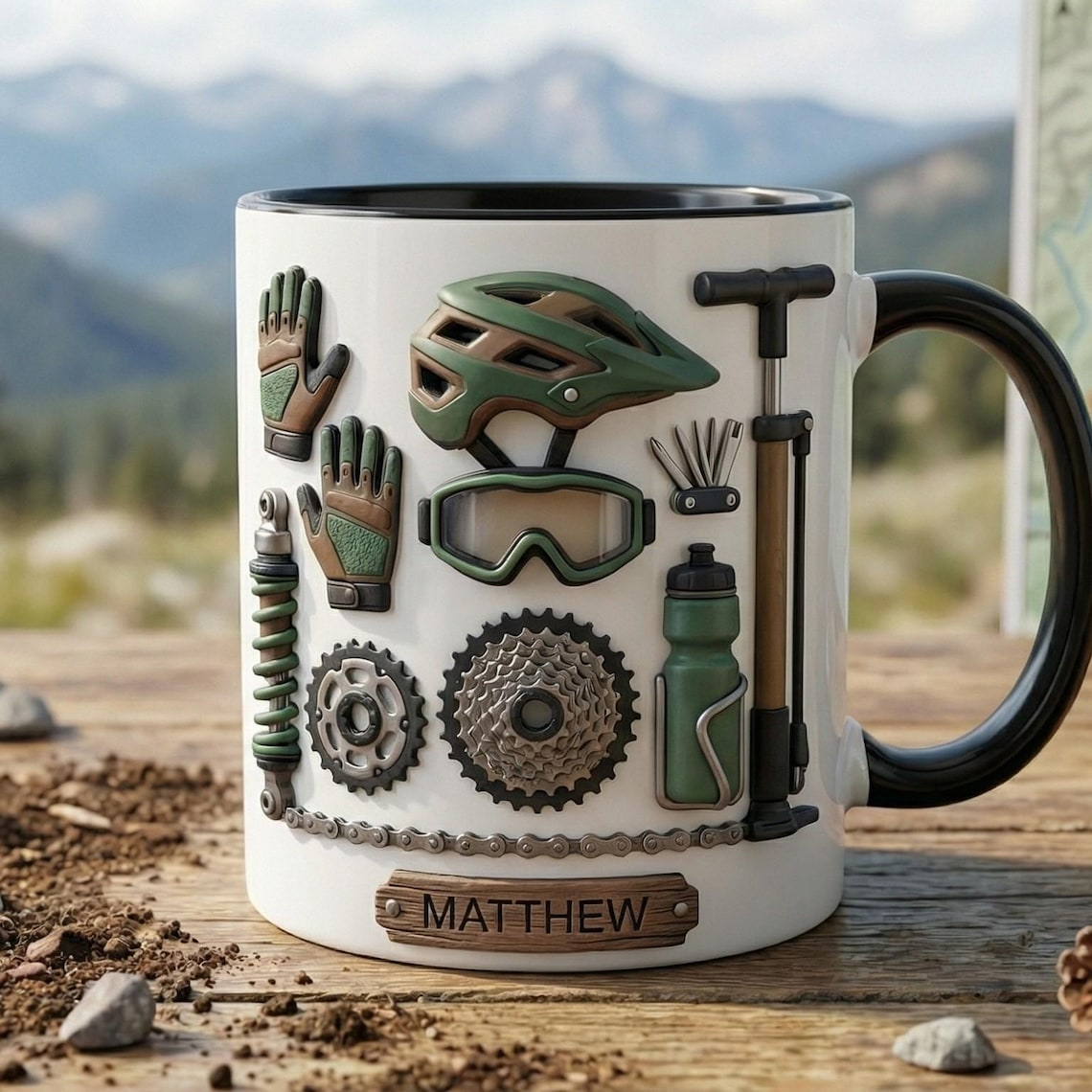 Personalized Mountain Bike Mug, Custom Name Cycling Gift, MTB Coffee Cup, Biker Gift for Men, Outdoor Adventure Cycling Lover Mug