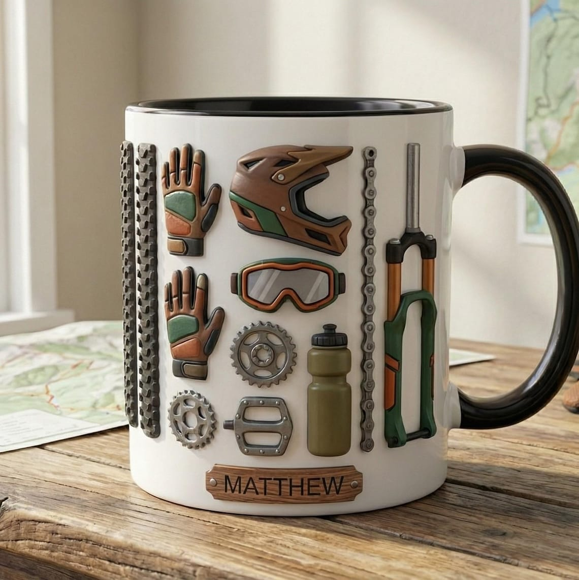 Personalized Mountain Bike Mug, Custom Name Cycling Gift, MTB Coffee Cup, Biker Gift for Men, Outdoor Adventure Cycling Lover Mug
