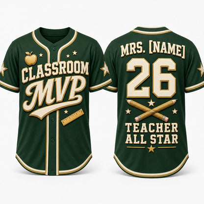 Personalized Classroom MVP Teacher Baseball Jersey, Custom Name Teacher All Star Jersey
