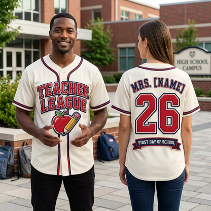 Teacher League baseball jersey lifestyle front and back school campus mockup