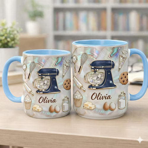 Baking Coffee Mug, Custom Name Baker Gifts, Kitchen Stand Mixer Ceramic Cup, Gift for Pastry Chef, Baking Lover Mug with Name