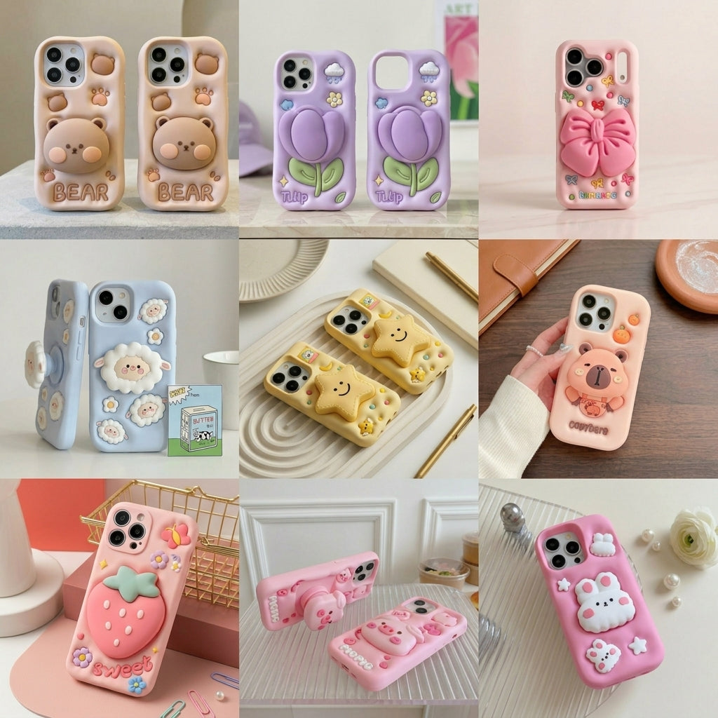 Cute 3D Fluffy Silicone iPhone Case Built-in Case, Shockproof Full Protection Kawaii Phone Cover