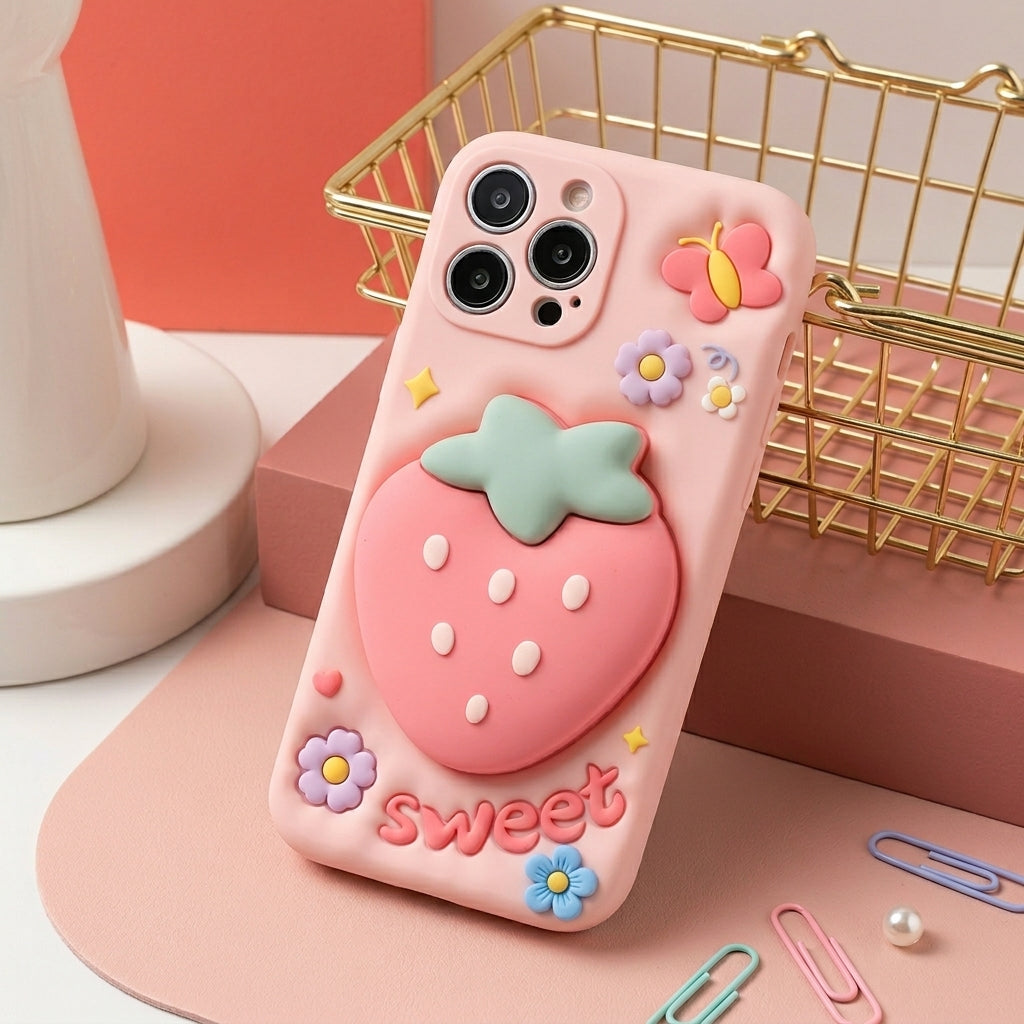Cute 3D Fluffy Silicone iPhone Case Built-in Case, Shockproof Full Protection Kawaii Phone Cover