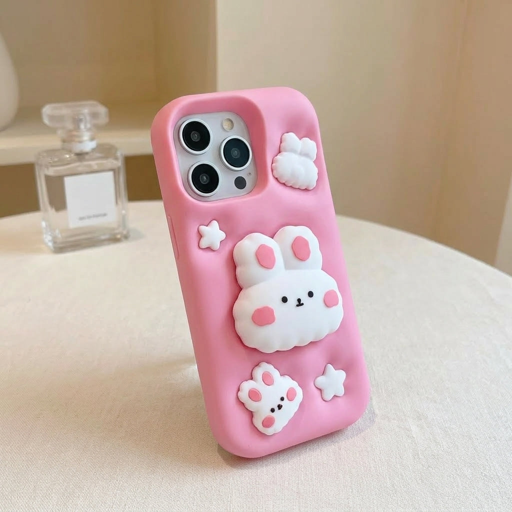 Cute 3D Fluffy Silicone iPhone Case Built-in Case, Shockproof Full Protection Kawaii Phone Cover